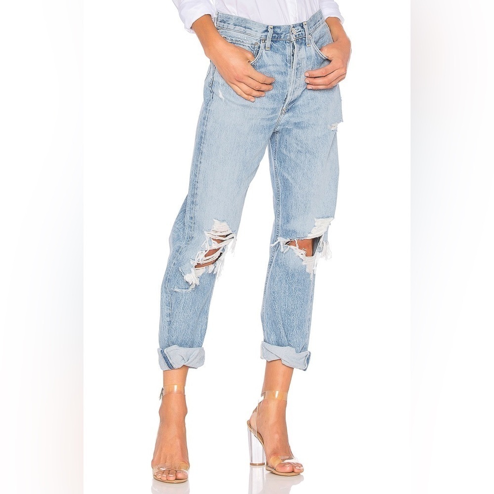 Agolde 90's Loose Fit Light Blue Distressed Jeans Ripped Crop Relaxed Straight